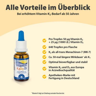 DR. JACOB'S vitamine K2 D3 huile 50 mcg MK7 20 ml