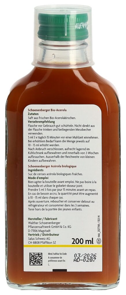 SCHOENENBERGER Acérola de fruits frais bio 200 ml